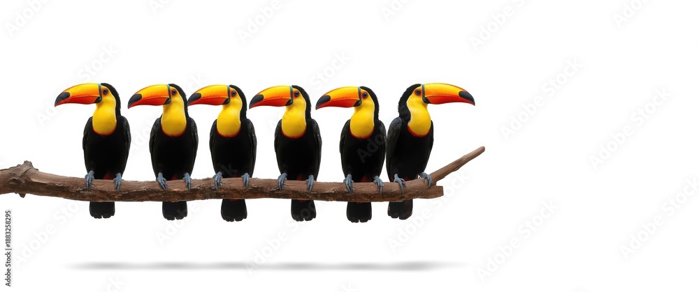 Obraz premium Group of Toucans on tree branch isolated against white background