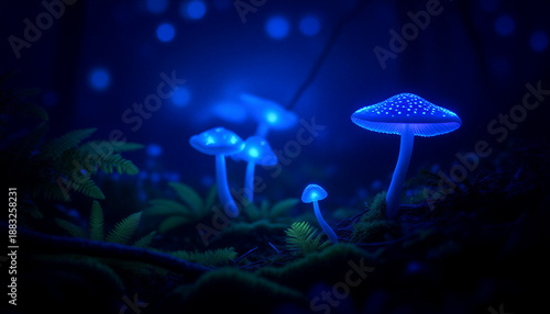 Leuchtende Wald-Pilze: Eine mystische Szenerie mit blau fluoreszierenden Pilzen, die in einem dunklen, nächtlichen Wald eine magische Atmosphäre verbreiten.KI Generiert