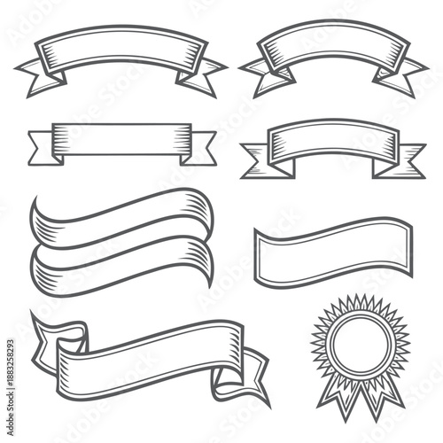 A collection of vintage ribbon banners and award seals for decorative design elements.