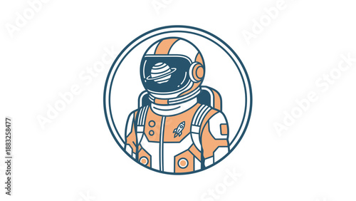 Astronaut in a space suit with a planet in the helmet, circular design.