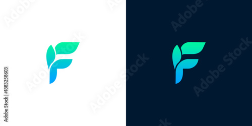 Modern and vibrant letter F logo design, featuring abstract leaf elements in a gradient of blue and green, symbolizing nature, growth, and innovation for diverse brands