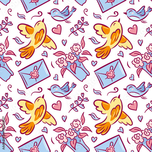 Yellow bird pattern with envelopes and letters, winged messengers, stamps and floral confetti, whimsical romantic scene for stationery, packaging and social graphics