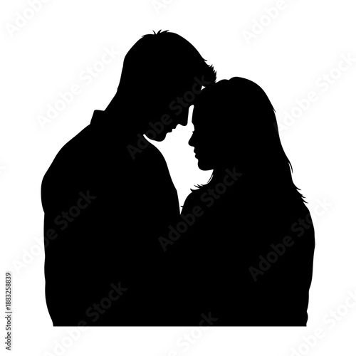 Silhouette of a couple embracing with foreheads touching Vector