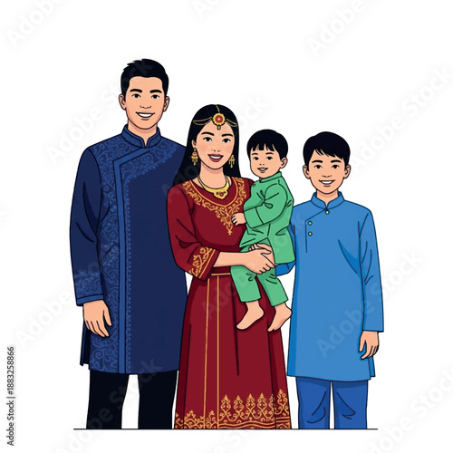 Asian family in traditional clothing standing.