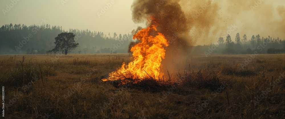 Fototapeta premium Burning dry grass in the garden: environmental consequences for green spaces and ozone protection