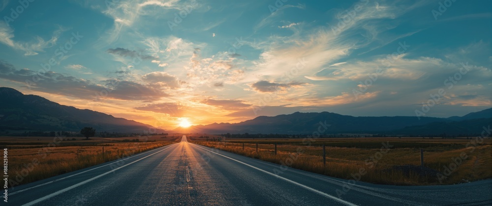 Obraz premium Green mountain and asphalt highway under sunset sky with clouds
