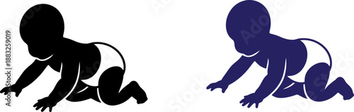 Crawling baby silhouettes, black and blue on white background, infant development