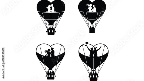 A romantic couple enjoys a heart-shaped hot air balloon ride on a beautiful day