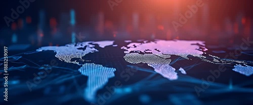 Digital World Map with Dynamic Data Flow: Cinematic view of a glowing digital world map, data points flickering, slow pan camera motion, and ambient light shifts creating a high-tech atmosphere.