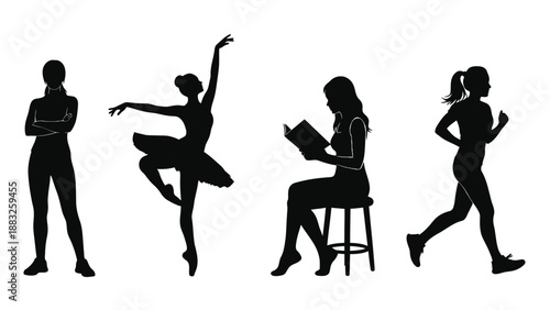 Four women in different poses and activities in black silhouette on white background