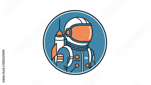 Astronaut in space suit with rocket pack inside a blue circle illustration.