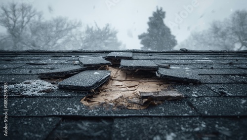 Wind-induced roof shingle damage on a residential home, winter storm safety and repair, seasonal weather impact