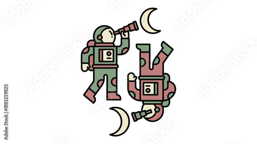 Astronauts Exploring the Cosmos with Telescopes and Lunar Phases in Space.