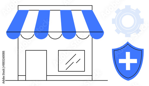 Business safety, health protection, cybersecurity technology, digital security, retail storefronts, operational systems. Minimalist storefront with a shield and gear icon. Business safety and health
