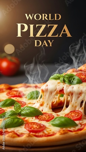 Celebrating Pizza Day with a steaming hot pizza topped with basil and tomatoes