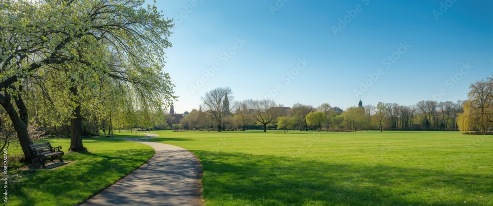 Obraz premium Tracks in Spring Park scenery with blue sky backdrop