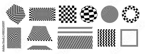 Set of chessboards, checkered borders and frames, cube and ball figures, banners and room isolated on white background. Collection of different checkerboard textures. Vector graphic illustration