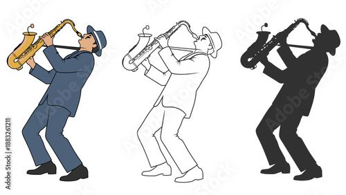 A cartoon illustration of a man playing saxophone in different color styles.