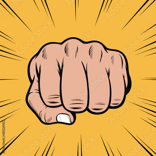 Vector illustration icon comic style illustration of a clenched fist on a vibrant yellow background with dynamic lines