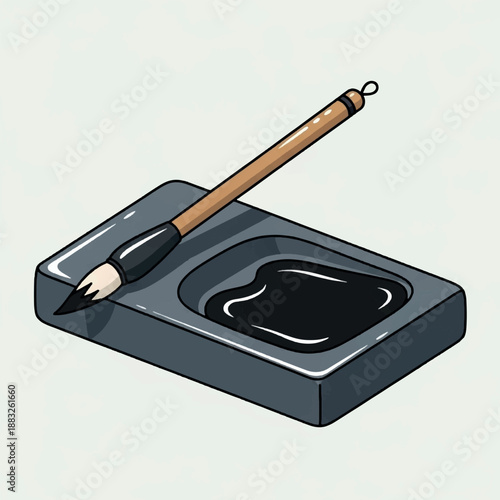 Calligraphy brush in inkwell container.