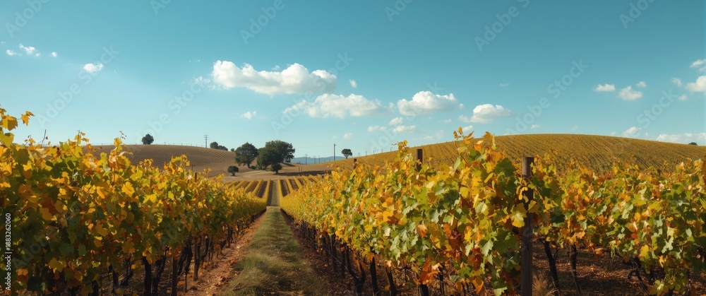 Obraz premium GrapeVines aligned in rows on a hillside vineyard