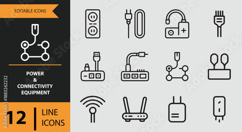 Line icons collection of power and connectivity equipment, cables, and network devices