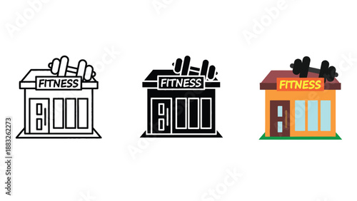 A colorful illustration of fitness gym buildings with dumbbells on the roof