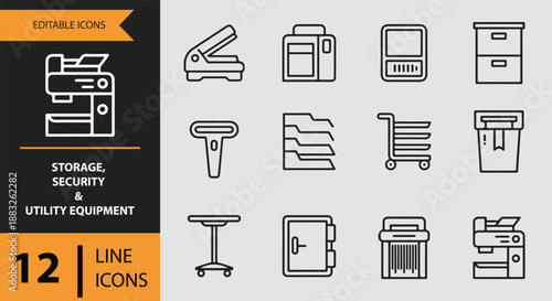 Collection of line icons for storage, security, and utility equipment in office settings