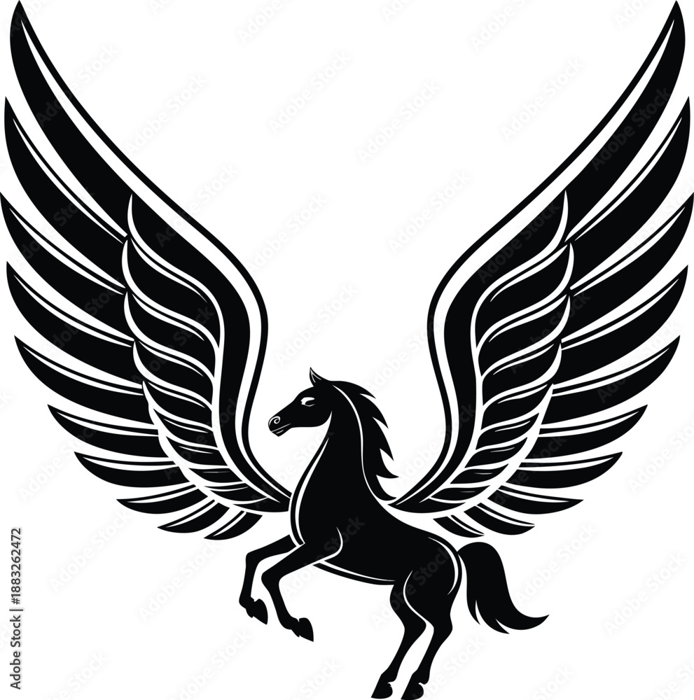 Obraz premium Mythical Pegasus Emblem: A striking black illustration of a Pegasus, a legendary winged horse, stands in a bold, eye-catching design, symbolizing grace, freedom, and the boundless spirit.