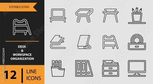 A collection of essential line icons for efficient desk and workspace organization
