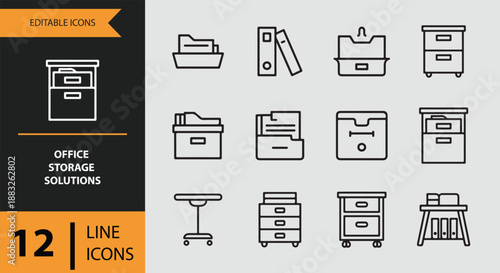 A collection of 12 line icons depicting various office storage solutions for organization and efficiency