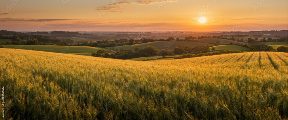 Obraz premium Sunset glow over vast wheat fields and lush landscaped green countryside on Canterbury's outskirts