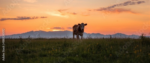 Sunset scene with cow