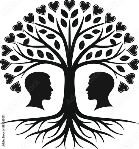 Silhouette of a Family Tree: A stylized family tree graphic, with silhouettes and heart-shaped leaves, embodying themes of lineage, connection, and growth.