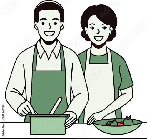 Culinary Harmony: A cheerful couple collaborates in the kitchen, preparing a meal together with smiles and shared joy. A snapshot of culinary unity and domestic contentment.