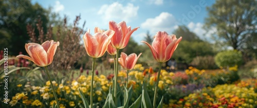 Tulips in springtime garden setting with floral backdrop