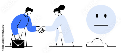 Business agreement, professional relationships, emotional neutrality, teamwork, negotiation, workplace dynamics. Two people shaking hands, neutral face symbol. Business agreement and professional