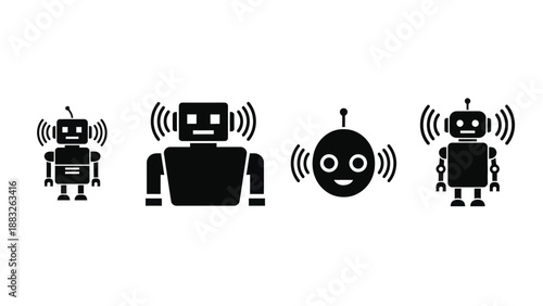 A group of black robot icons with sound waves on a white background