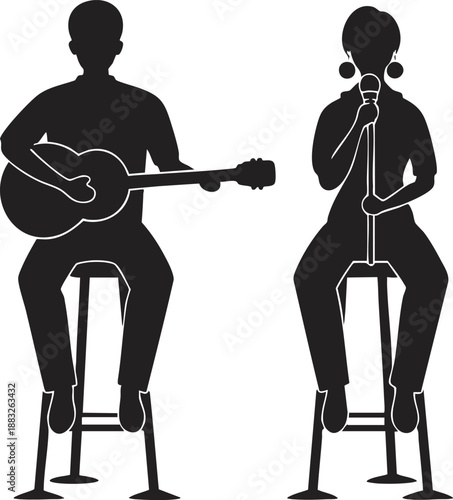 Melodic Duet Silhouette: A guitarist and a singer, captured in elegant silhouette, share a moment of musical harmony, The image underscores the power of music and artistic expression.