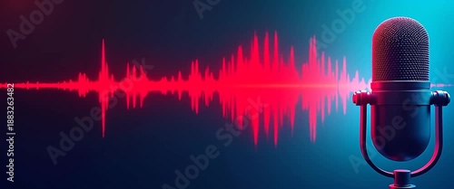 A vintage microphone stands still as sound waves pulse rhythmically in the background, with a slow pan capturing the ambient glow in a cinematic, broadcast-ready scene.