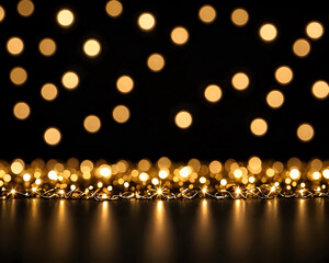 Gold fairy lights with bokeh on black background