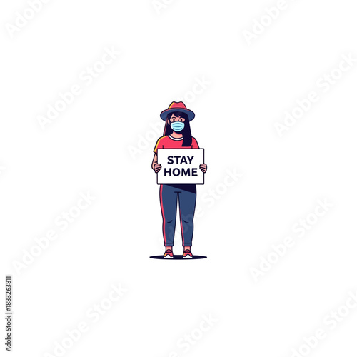 Person wearing mask holding stay home sign.