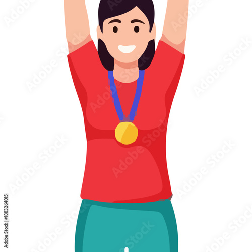 Woman Wearing Gold Medal Around Neck.