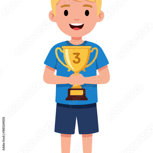 Young Boy Holding Golden Trophy.