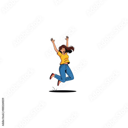 Woman Jumping in the Air with Arms Raised.