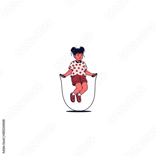 Young girl happily jumping rope outdoors.