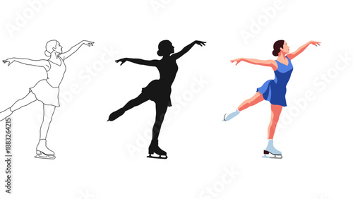 Collection of three distinct artistic representations showcasing a female figure skater performing an elegant arabesque balancing pose on ice skates