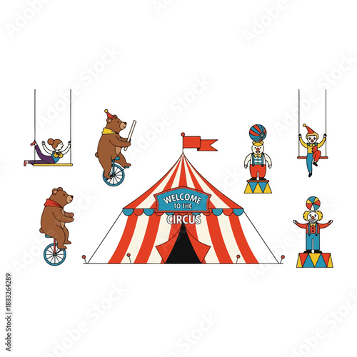 Colorful Cartoon Circus Characters and Tent.