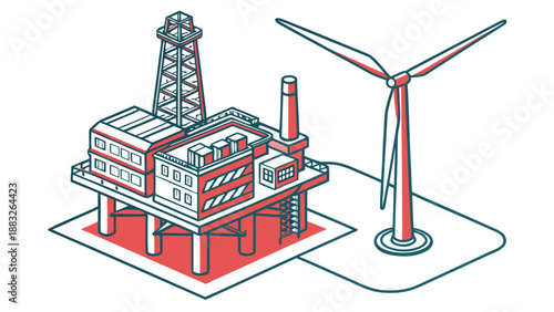 Offshore Oil Platform with Wind Turbine Renewable Energy Transition Illustration