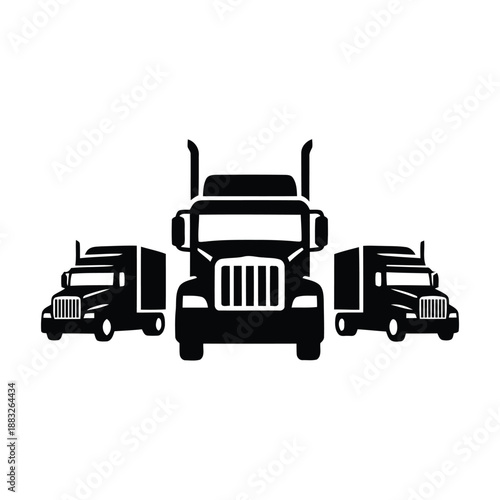 Three semi trucks and trailers in a row on white background icon